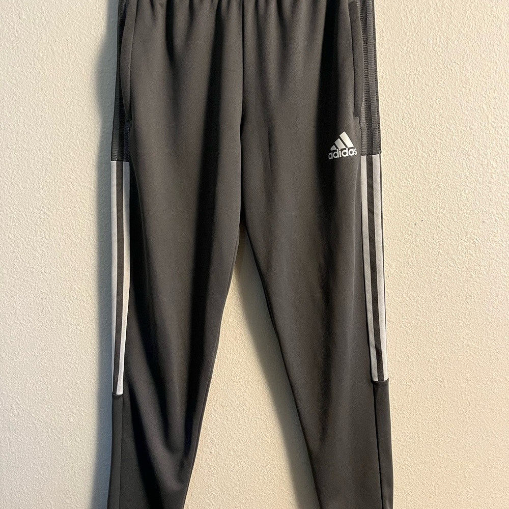 Adidas Men’s Grey Track Pants with White Stripes